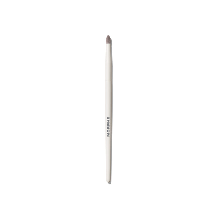 M383 Pointed Detail Eye Brush with cream MORPHE handle and tapered pointed taupe tip on white background.
