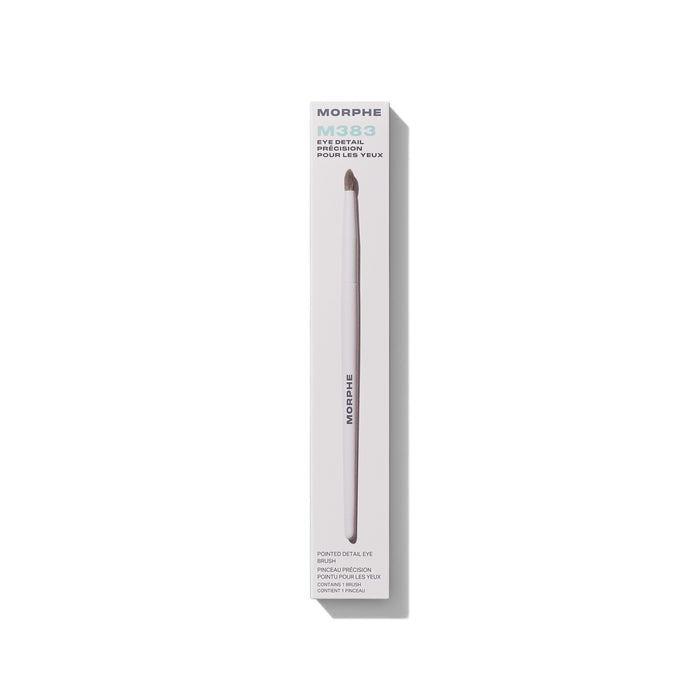 M383 Pointed Detail Eye Brush in cream MORPHE box labeled 'M383 EYE DETAIL PRECISION POUR LES YEUX' with brush visible inside.