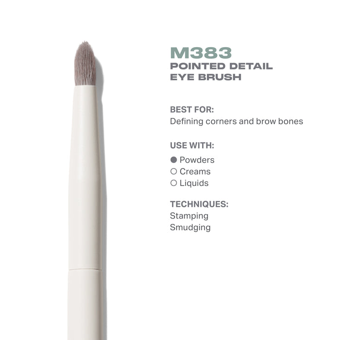 M383 Pointed Detail Eye Brush features: cream MORPHE handle, best for defining corners and brow bones, use with powders, stamping and smudging.