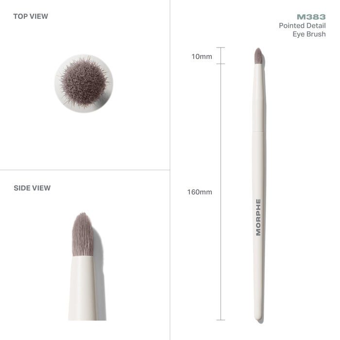 M383 Pointed Detail Eye Brush measurements showing top and side views, 10mm tapered tip, 160mm length, cream MORPHE handle.