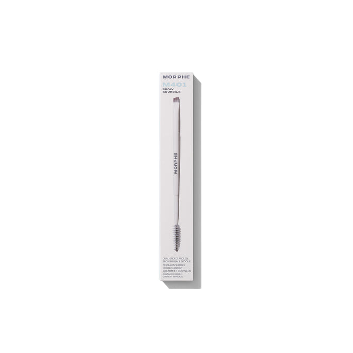 M401 Dual-Ended Angled Brow Brush & Spoolie in cream MORPHE box labeled 'Brow Sourcils' with brush and spoolie ends visible.