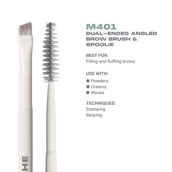 M401 Dual-Ended Angled Brow Brush & Spoolie features infographic: cream MORPHE handle with angled tapered brush and spiral spoolie for brows.