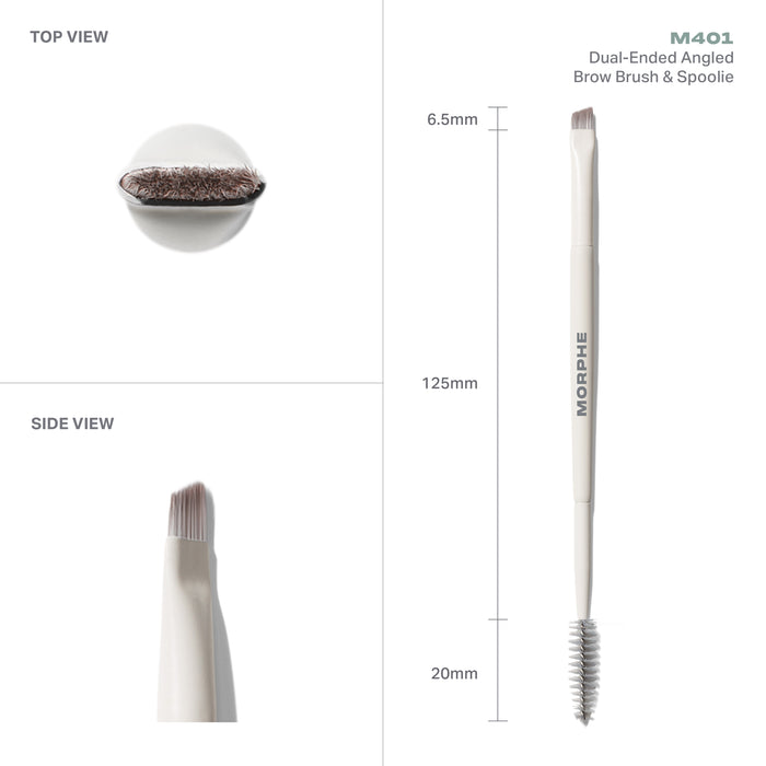 M401 Dual-Ended Angled Brow Brush & Spoolie measurements: 125mm total length, 6.5mm brush width, 20mm spoolie, cream MORPHE handle.