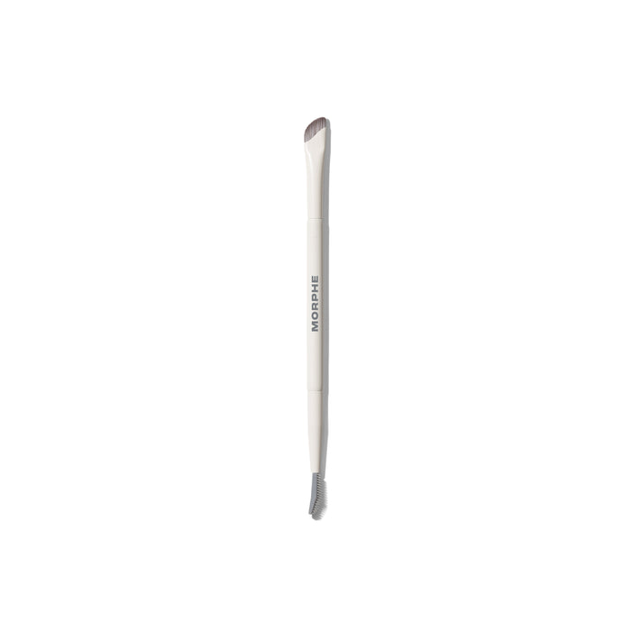 M402 Dual-Ended Precision Brow Brush & Comb with cream MORPHE handle, taupe angled bristles on one end, fine-tooth comb on the other.