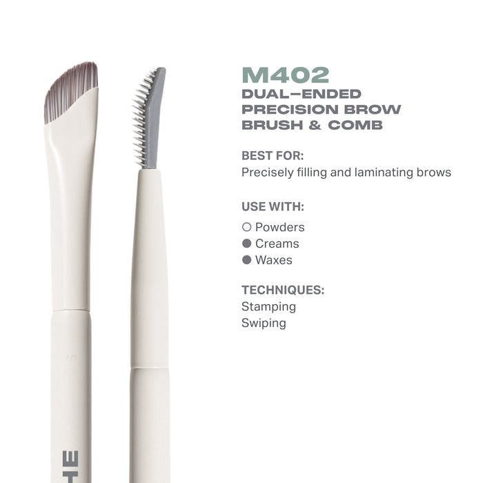 M402 Dual-Ended Precision Brow Brush & Comb features infographic: cream MORPHE handle with angled bristles for filling brows and comb for grooming.