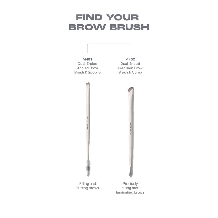 M402 Dual-Ended Precision Brow Brush & Comb shown in the MORPHE brush family lineup, cream handle for precisely filling and laminating brows.