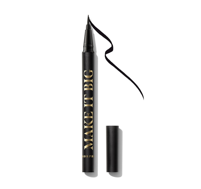 Morphe Make It Big Brush-Tip Liquid Liner: black pen with gold MAKE IT BIG text and MORPHE cap, beside black liner stroke swatch.
