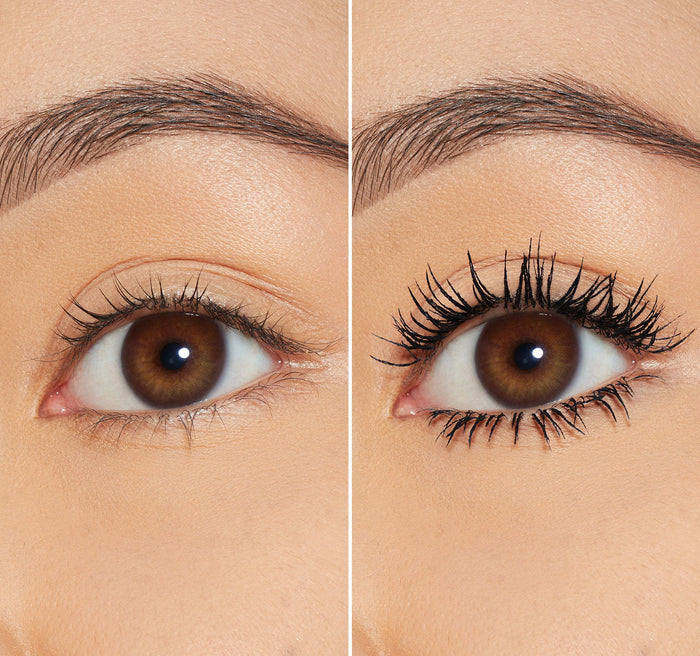 Morphe Make It Big Mini Volumizing Mascara before-and-after eye comparison: bare lashes left, dramatically volumized black lashes right.