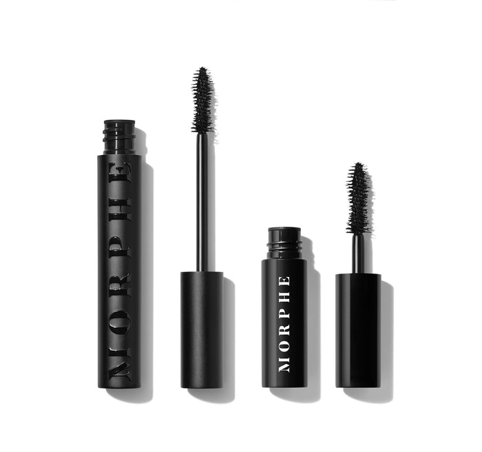 Morphe Make It Big Volumizing Mascara full size and Mini side by side, both black tubes with MORPHE engraved and brushes extended.
