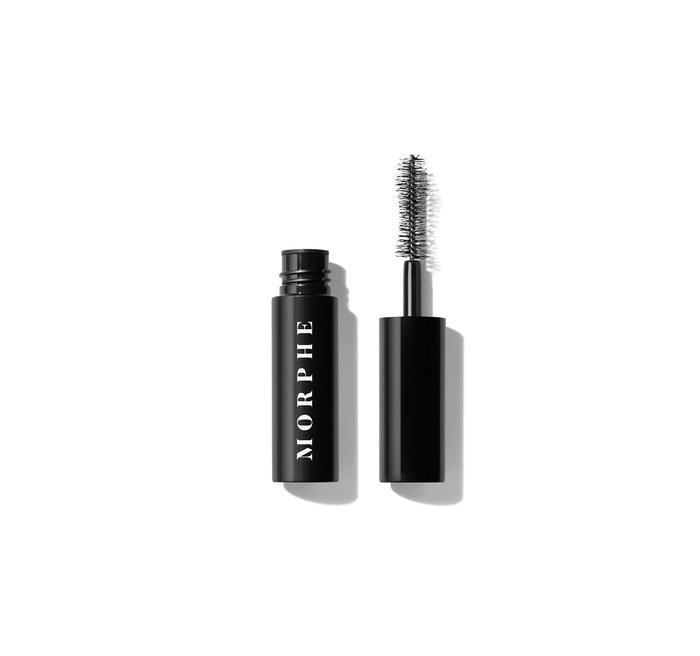 Morphe Make It Big Mini Volumizing Mascara open: black tube labeled MORPHE and clean wand with spiky black bristles.