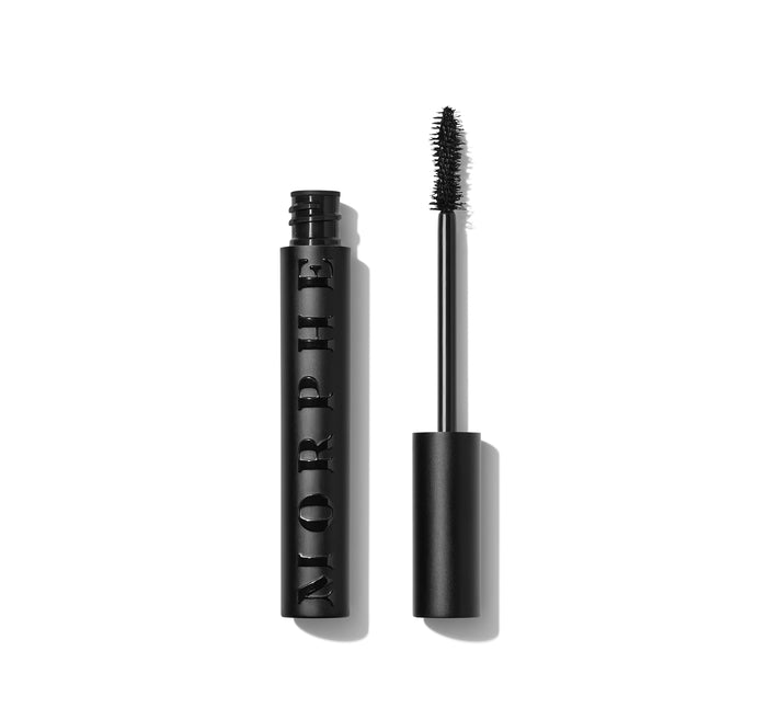 Morphe Make It Big Volumizing Mascara open: black tube engraved MORPHE and used wand coated in dense black mascara.