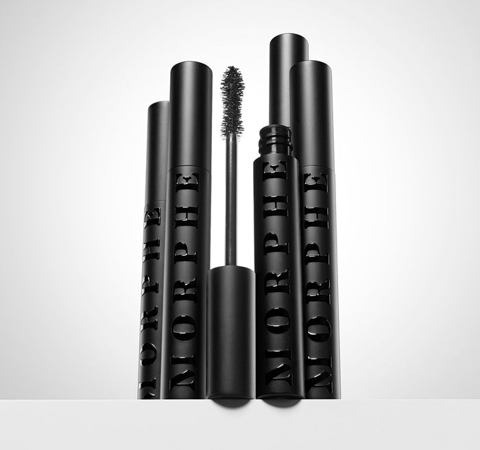 Four Morphe Make It Big Volumizing Mascara black tubes engraved MORPHE arranged with one wand extended.