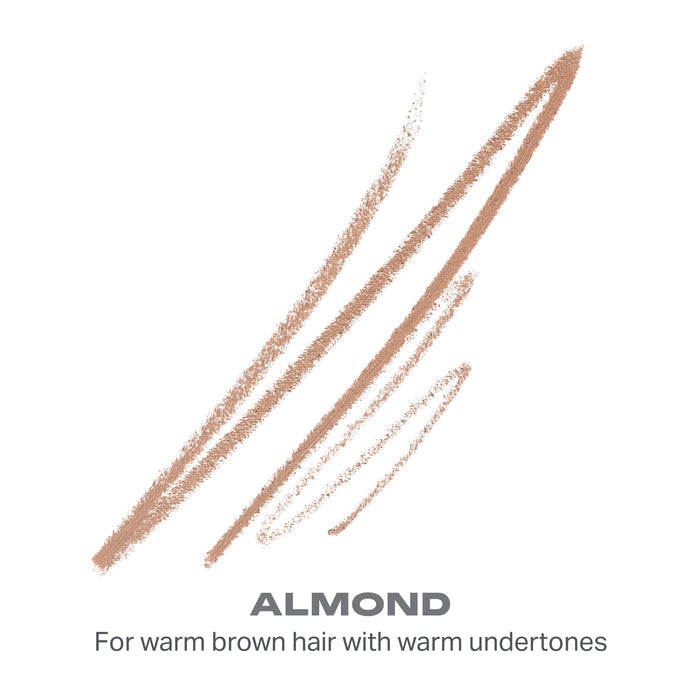 {Almond (warm brown)} Micro Brow Dual-Ended Pencil & Spoolie shade swatches in warm brown — ALMOND, For warm brown hair with warm undertones.