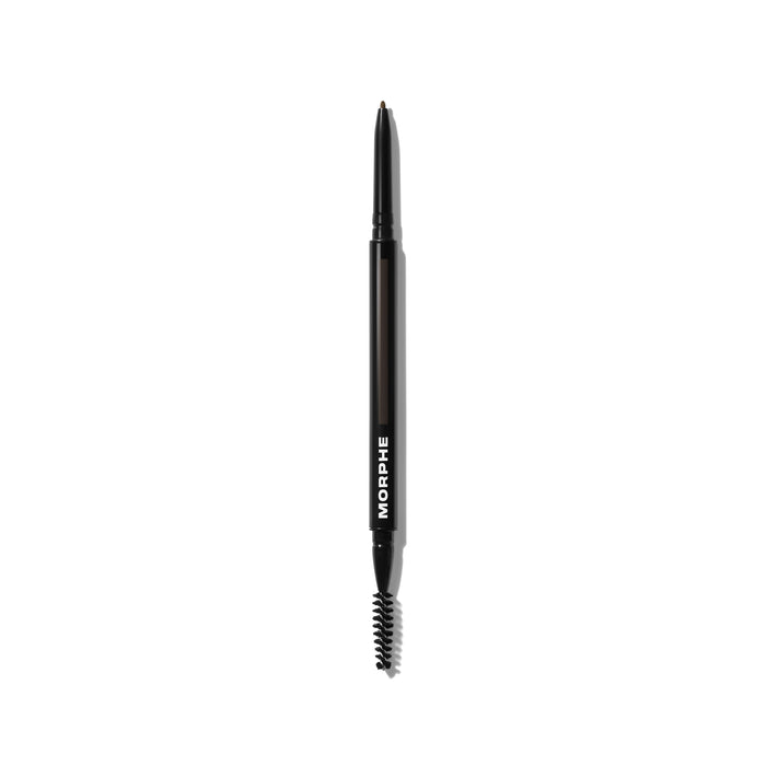 {Chocolate Mousse (soft black)} Morphe Micro Brow Dual-Ended Pencil & Spoolie in a sleek black barrel with MORPHE branding, micro pencil tip and spoolie end.