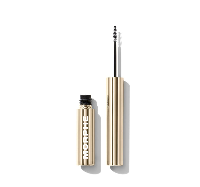 {Clear} Morphe Micro Manager Gripping Brow Gel in an open gold tube labeled "MORPHE" with a dual-sided spoolie and precision brush wand.