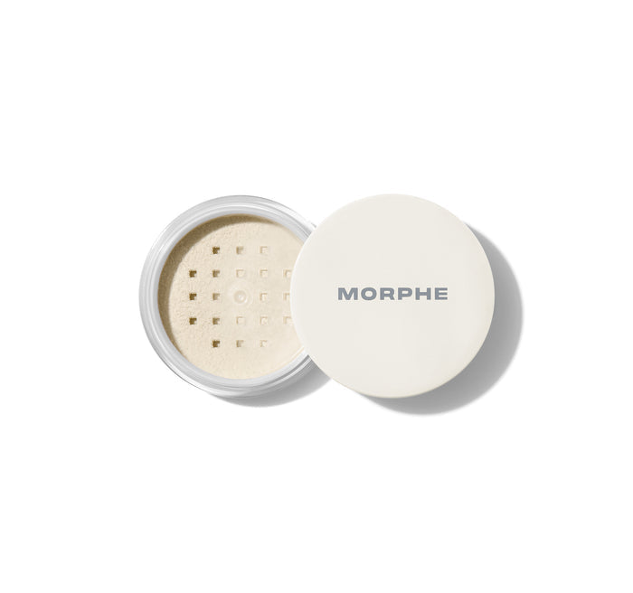 {Translucent Mini} Open Morphe Mini Bake & Set Soft-Focus Setting Powder jar showing translucent loose powder under sifter, white MORPHE lid.