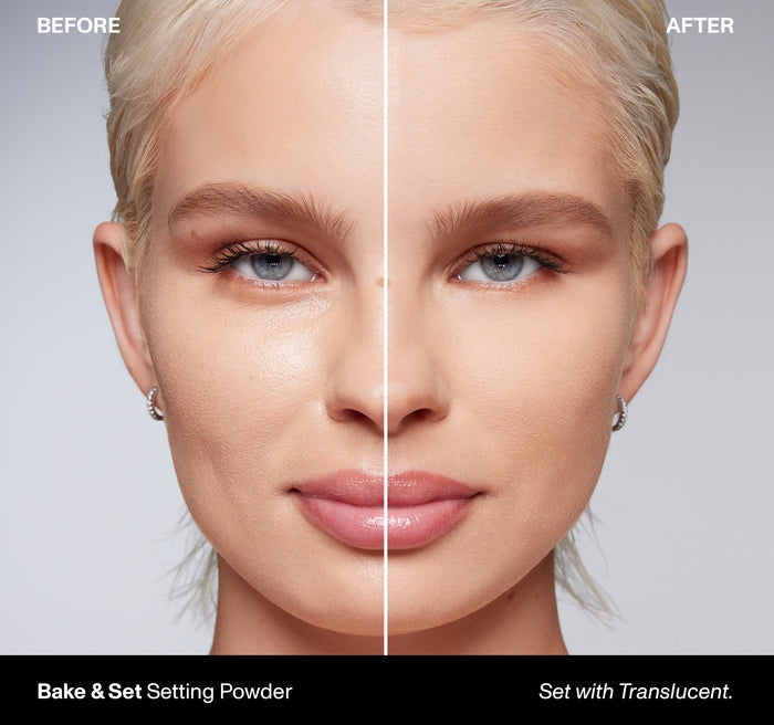 {Translucent Mini} Morphe Bake & Set Setting Powder before-and-after on model, set with Translucent shade.