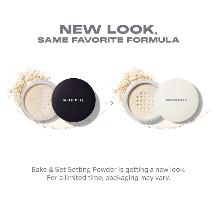 Morphe Bake & Set Setting Powder packaging update: New Look, Same Favorite Formula, old black lid changing to new white MORPHE lid.