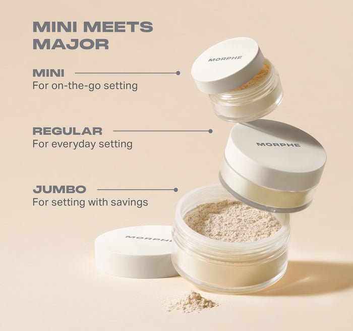 Morphe Bake & Set Soft-Focus Setting Powder size lineup: Mini for on-the-go, Regular for everyday, Jumbo for setting with savings.