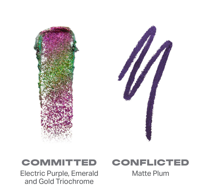 {Committed/Conflicted} Mixed Signals Dual Ended Cream & Liquid Shadow Stick swatches: COMMITTED Electric Purple, Emerald and Gold Triochrome shimmer; CONFLICTED Matte Plum.