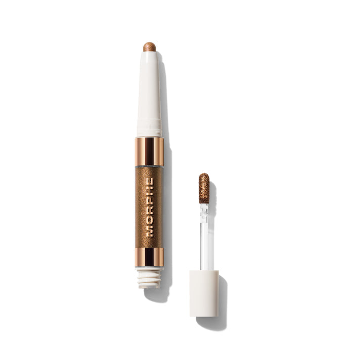 {Stealthy/Wealthy} Dazzling Metallics Mixed Signals Dual-Ended Cream & Liquid Shadow Stick with MORPHE barrel, open showing bronze cream pencil tip and metallic liquid wand applicator.