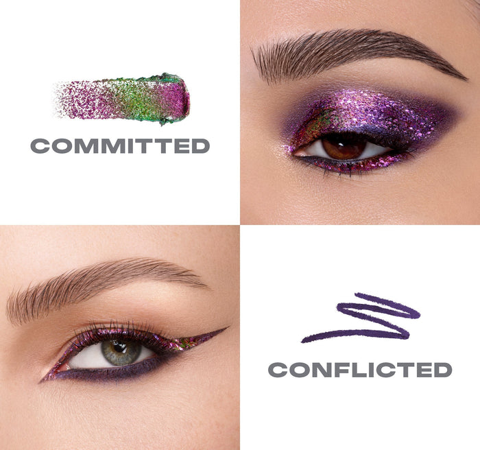 {Committed/Conflicted} Mixed Signals Dual-Ended Cream & Liquid Shadow Stick macro grid: COMMITTED pink-green glitter swatch and full-lid glitter eye look; CONFLICTED deep purple liner swatch and graphic liner eye look.