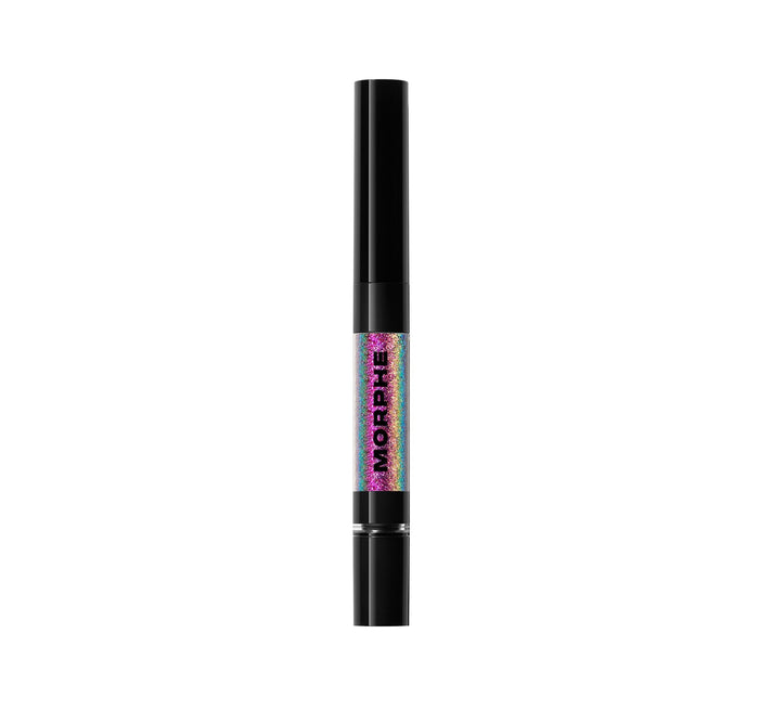 {Committed/Conflicted} Morphe Mixed Signals Dual-Ended Cream & Liquid Shadow Stick closed, black barrel with iridescent multicolor glitter center band and vertical MORPHE text.