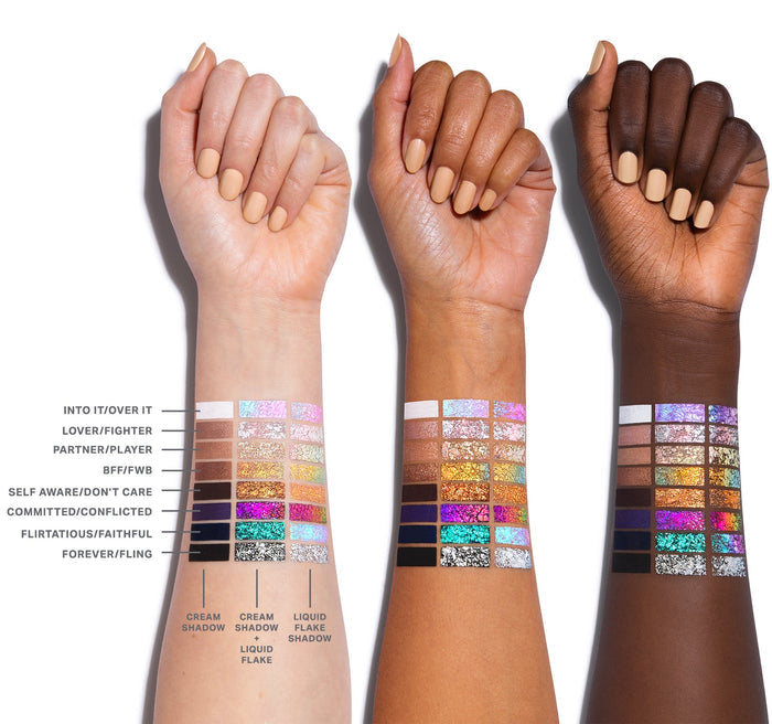 {Committed/Conflicted} Arm swatches of Morphe Mixed Signals Dual-Ended Cream & Liquid Shadow Stick in eight shades — Into It/Over It, Lover/Fighter, Partner/Player, BFF/FWB, Self Aware/Don't Care, Committed/Conflicted, Flirtatious/Faithful, Forever/Fling — shown as Cream Shadow, Cream Shadow + Liquid Flake, and Liquid Flake Shadow columns across three skin tones.