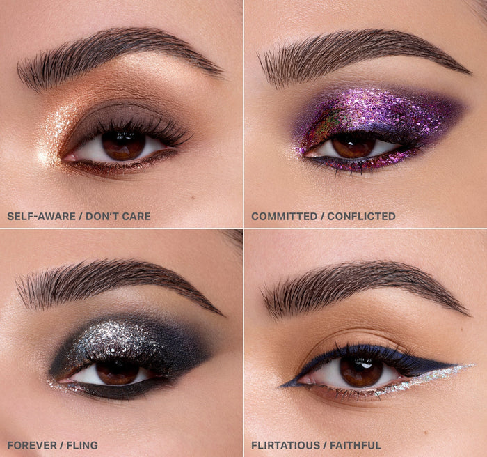 {Committed/Conflicted} Mixed Signals Dual Ended Cream A Liquid Shadow Stick eye looks: Self-Aware / Don't Care, Committed / Conflicted, Forever / Fling, Flirtatious / Faithful.