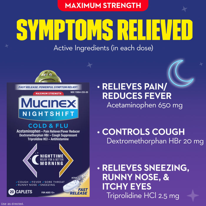 Mucinex Nightshift, Cold and Flu Medicine, Nighttime, 20 Caplets