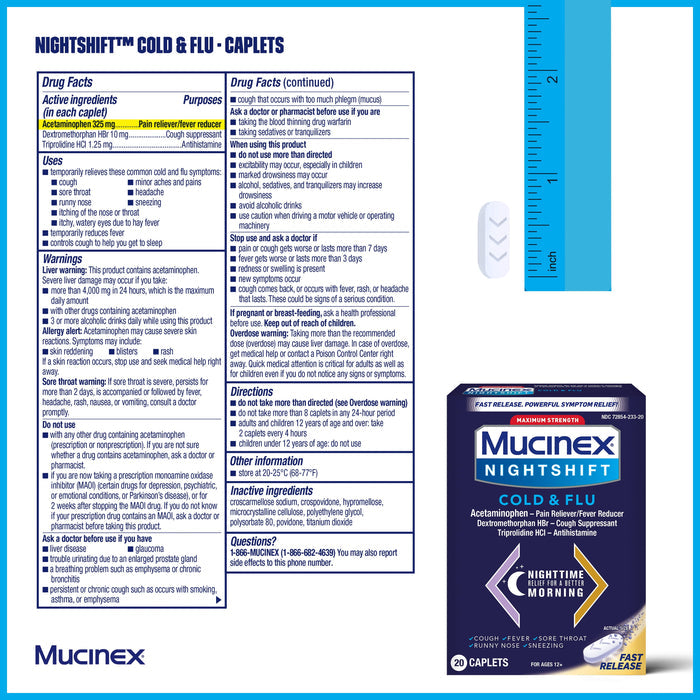 Mucinex Nightshift, Cold and Flu Medicine, Nighttime, 20 Caplets