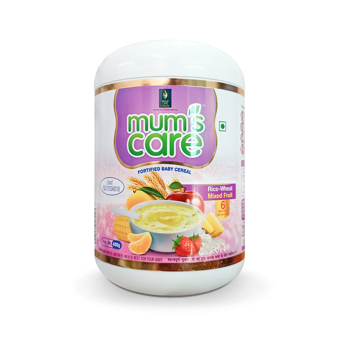 Container of Mum's care rice wheat mixed fruit fortified baby cereal, 400gm, with images of fruits and baby food on the label.