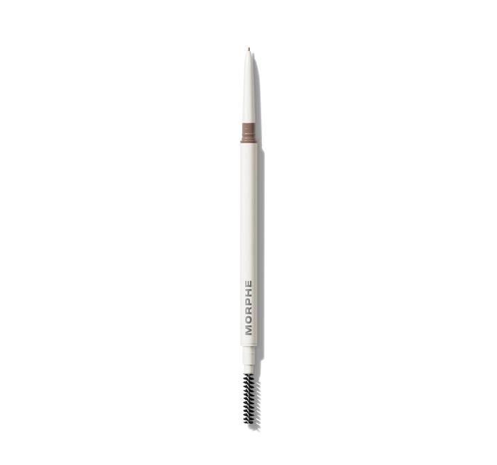 {Biscotti} Morphe Nano Brow Pencil in Biscotti with white barrel printed MORPHE, taupe micro-tip, and spoolie brush end.