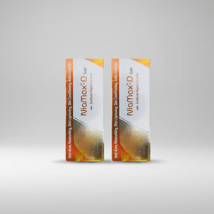 Two boxes of Niamax-D Gel with Sodium Hyaluronate by BeeCos, displayed side-by-side on a white background with a soft shadow.