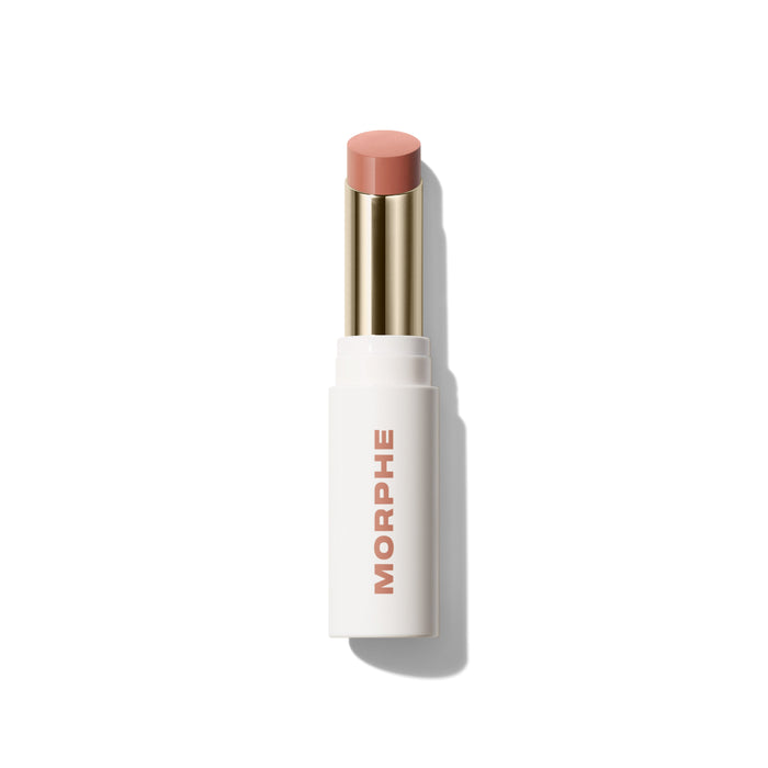 {Hitched Honey} Morphe Liplock Glossy Lipstick in a warm nude-pink bullet with gold collar and white MORPHE-branded base.