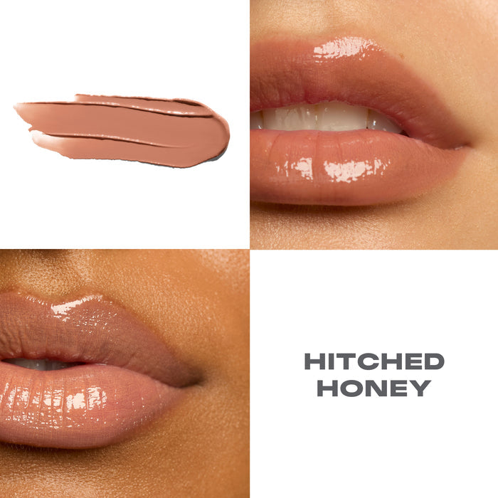{Hitched Honey} Liplock Glossy Lipstick macro collage showing a nude-peach formula swatch and two close-up lip shots labeled HITCHED HONEY.