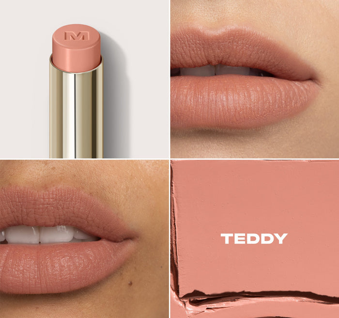 {Teddy} Lip Filter Hydroplump Soft Matte Lipstick in TEDDY shown as product silo, two lip swatches on different skin tones, and a product texture macro.