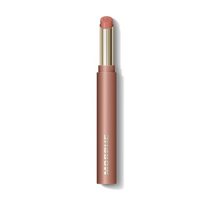 {Honey} Morphe Lip Filter Hydroplump Soft Matte Lipstick in Honey, open bullet, warm nude-pink shade, MORPHE printed on tube.