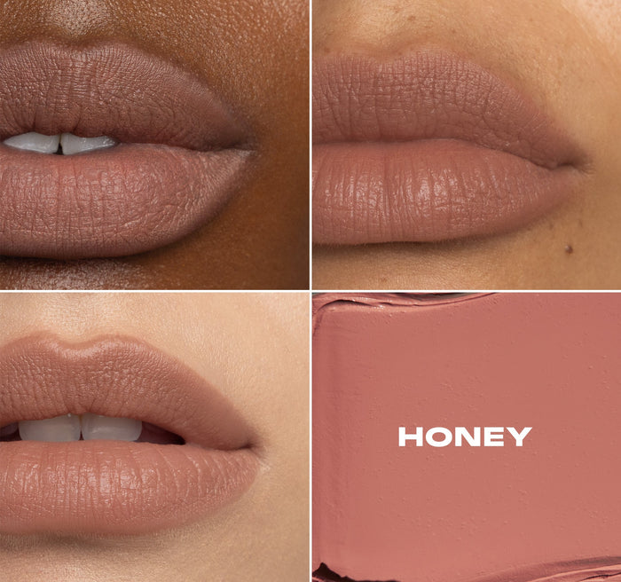 {Honey} Lip Filter Hydroplump Soft Matte Lipstick macro lip swatches on three skin tones alongside a bullet smear labeled HONEY.