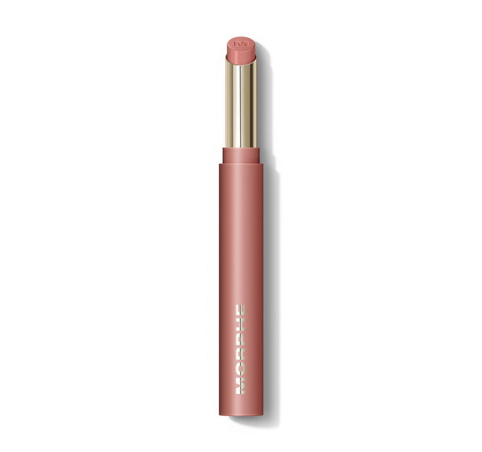 {Petal} Morphe Lip Filter Hydroplump Soft Matte Lipstick in Petal, open tube with gold collar and MORPHE wordmark on mauve-pink bullet.