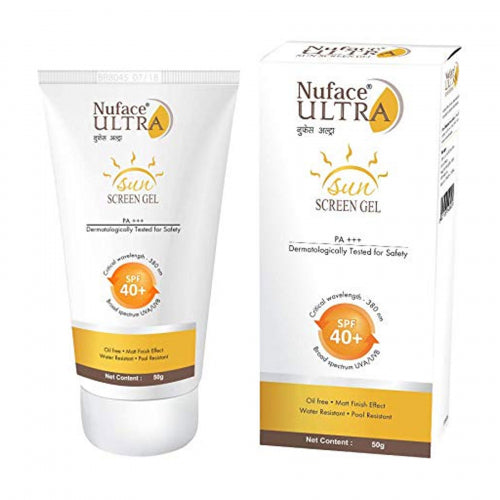 Nuface Ultra Sunscreen Gel packaging and tube. The packaging states SPF 40+, dermatologically tested, and suitable for sensitive skin.