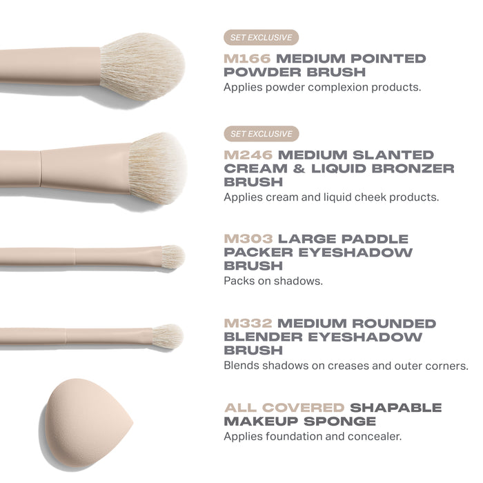 Morphe Custom Blends Iced Oat Latte set includes M166 Powder Brush, M246 Bronzer Brush, M303 Eyeshadow Brush, M332 Blender Brush, and All Covered Makeup Sponge