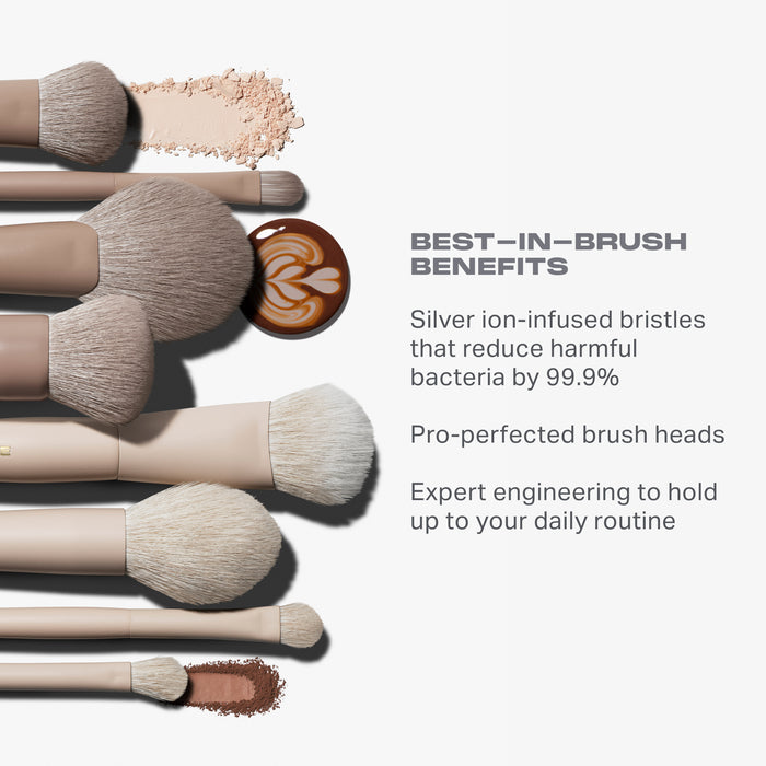 Morphe Iced Oat Latte Custom Blends brush set features silver ion-infused bristles that reduce bacteria by 99.9%, pro-perfected brush heads, and expert engineering for daily use