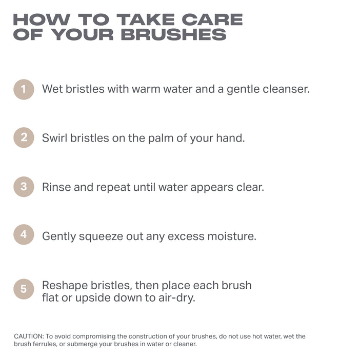 Morphe Iced Oat Latte brush care instructions: wet bristles with warm water and cleanser, swirl on palm, rinse until clear, squeeze out moisture, reshape and air-dry flat or upside down