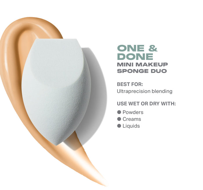 One & Done Mini Makeup Sponge Duo feature graphic with two pale blue mini sponges over a foundation swatch; text reads "ONE & DONE MINI MAKEUP SPONGE DUO BEST FOR: Ultraprecision blending USE WET OR DRY WITH: Powders, Creams, Liquids."