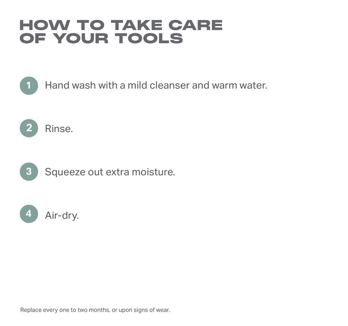 One Done Mini Sponge Duo care infographic: "HOW TO TAKE CARE OF YOUR TOOLS" — 1. Hand wash with a mild cleanser and warm water. 2. Rinse. 3. Squeeze out extra moisture. 4. Air-dry. Replace every one to two months, or upon signs of wear.