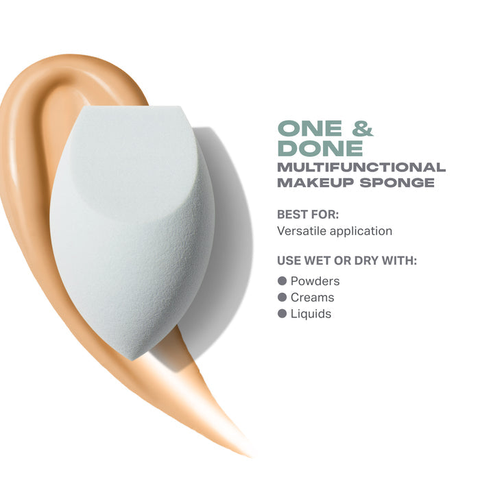 One & Done Multifunctional Makeup Sponge shown with a foundation swirl; Best For: Versatile application — Use Wet or Dry With: Powders, Creams, Liquids.