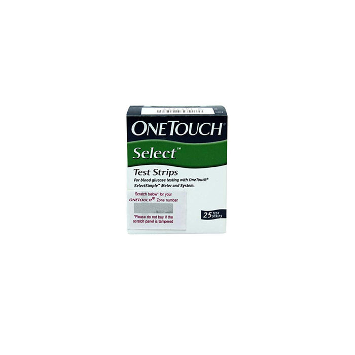 A box of OneTouch Select Test Strips for measuring glucose levels, containing 25 strips.