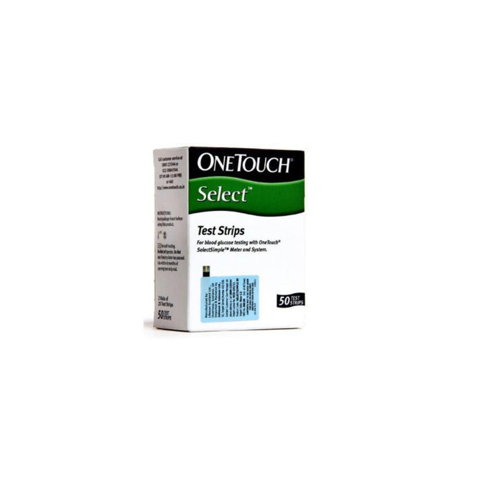 A box of OneTouch Select Test Strips for blood glucose monitoring.