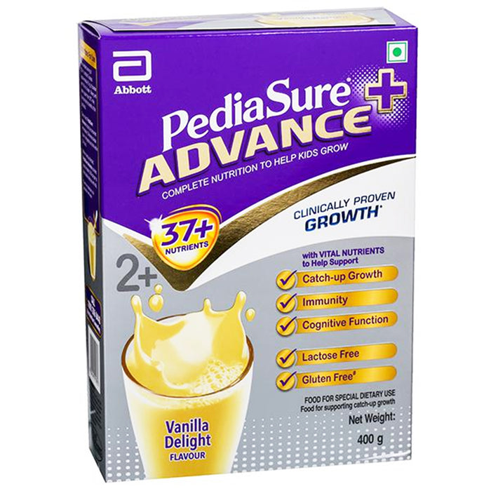 Box of PediaSure Advance Plus Vanilla Delight Refill Pack, 400gm, with branding and product information.